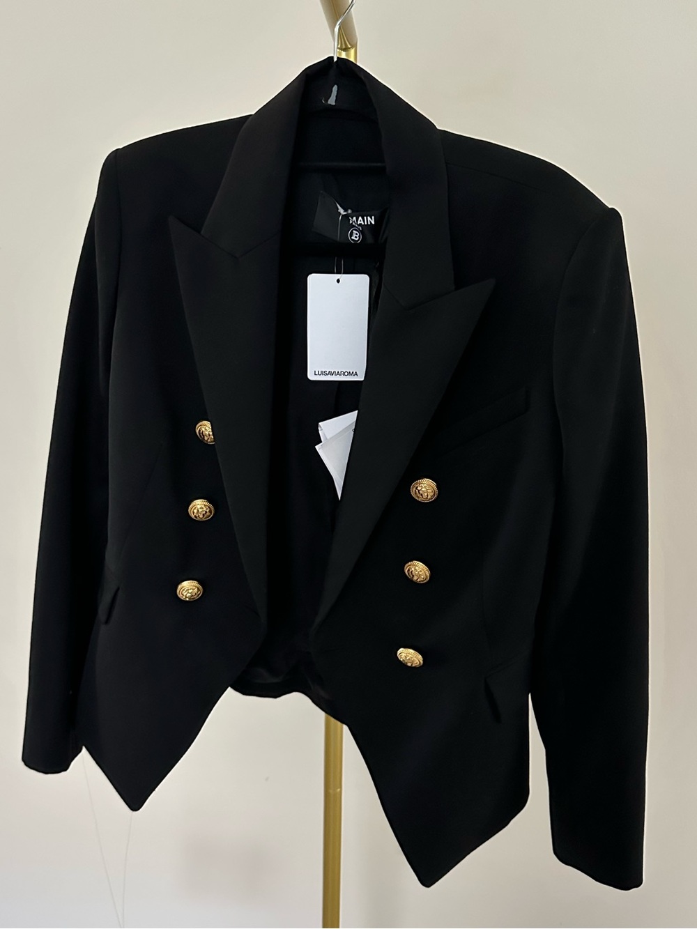 Balmain Black Double-Breasted Cropped Blazer with Gold Buttons